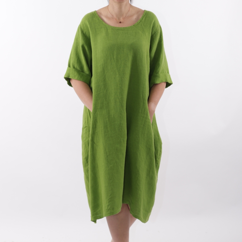 11105421 Linane kleit ümmarguste taskutega roheline e.JPG